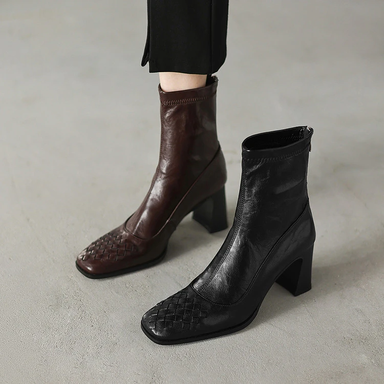 7cm 法式气质通勤百搭粗跟弹力靴秋冬韩版简约休闲时尚高跟瘦瘦靴