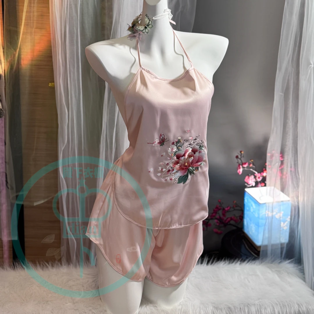 粉色银蝶苏绣刺绣成品女成人肚兜中国风内衣女士吊带肚兜套装