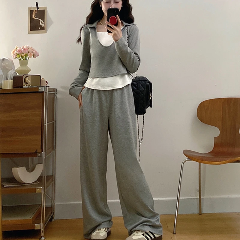 TJ095大码女装2025春秋新款胖mm休闲撞色假两件长袖T恤阔腿裤套装