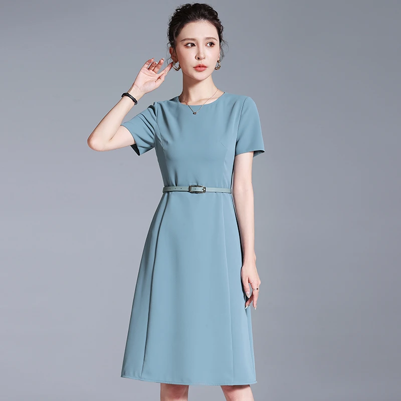 璐丝百丽圆领连衣裙女短袖夏中长款高端职业时尚气质正装收腰蓝色