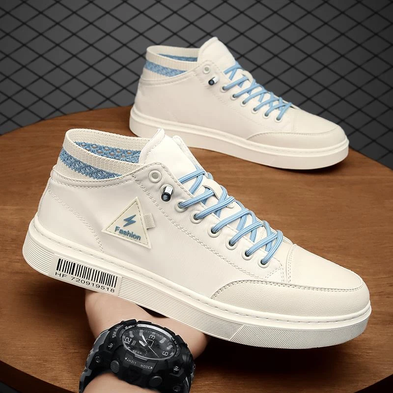 帆布男鞋春季百搭冰丝小白高帮平板鞋潮流运动一脚蹬布鞋中帮夏季