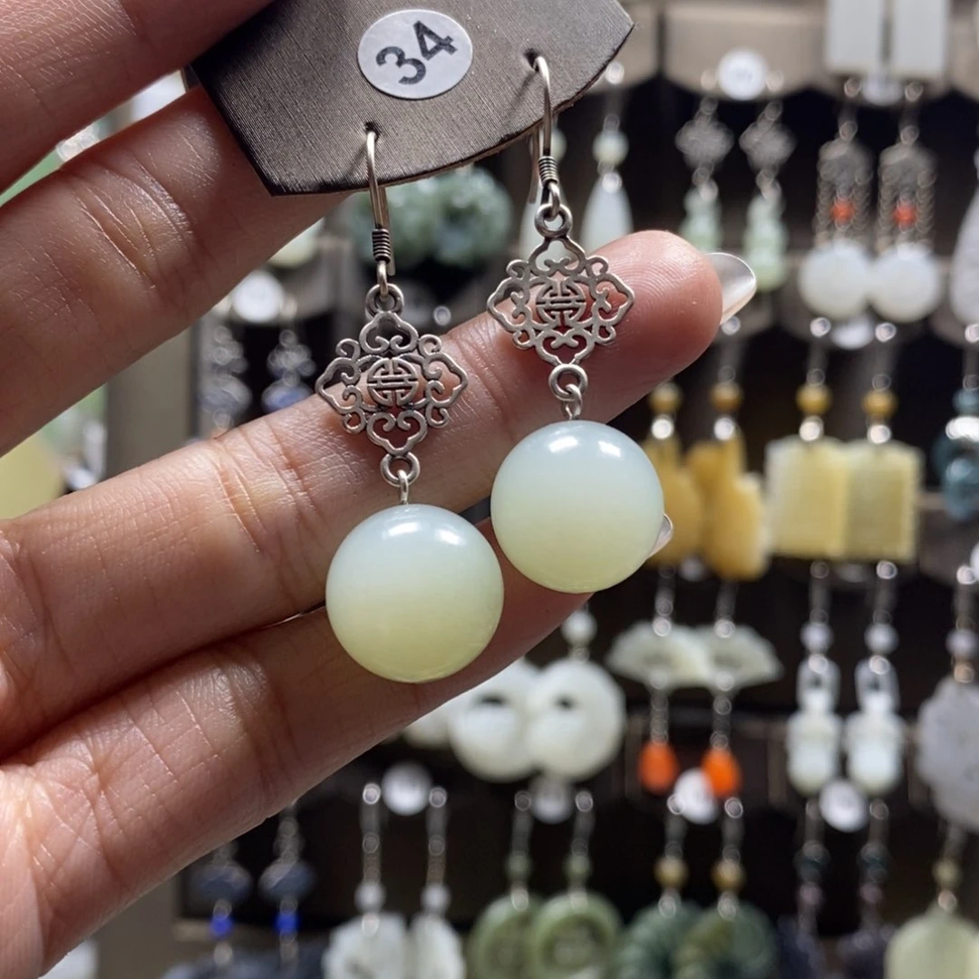 和田玉耳饰银S925镶嵌*️**