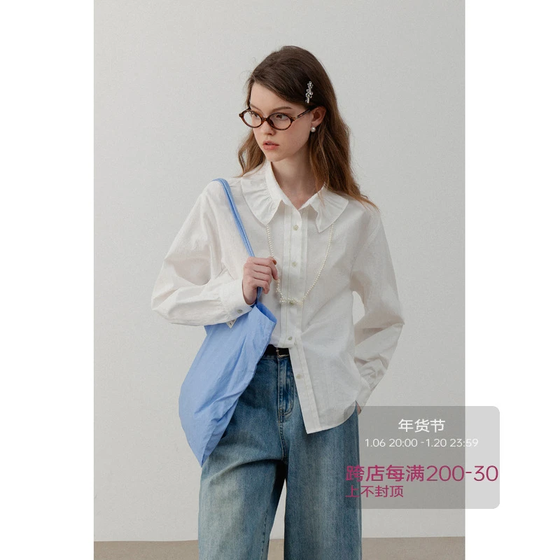 EGGKA【现现】撞色白衬衫春季法式气质荷叶领小众衬衣E24A6365YM
