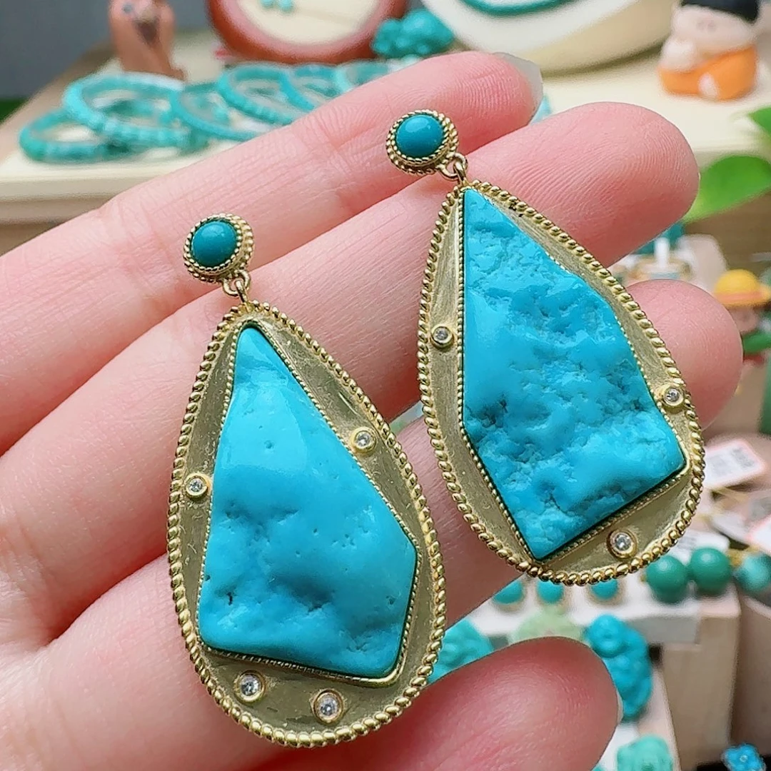绿松石未镶嵌高瓷蓝大尺寸个性款耳钉