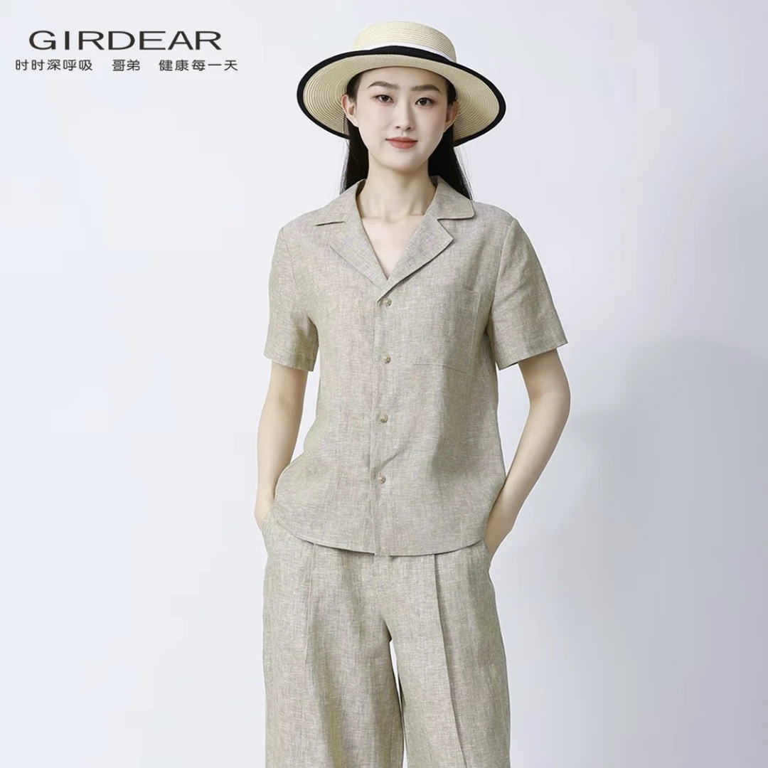 GIRDEAR/哥弟夏季爆款新款洋气亚麻老钱风翻领极简风衬衣130025