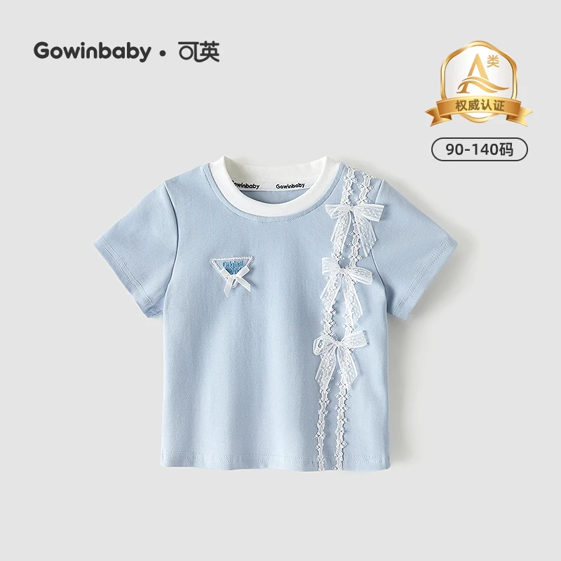可英女童短袖T恤韩式甜美2025夏季女孩蝴蝶结上衣女宝休闲打底衫