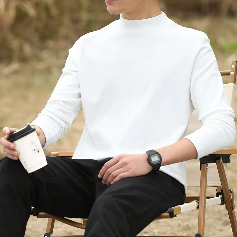 春秋内搭半高领打底衫白色体恤冬季男士打底纯色长袖T恤外穿上衣