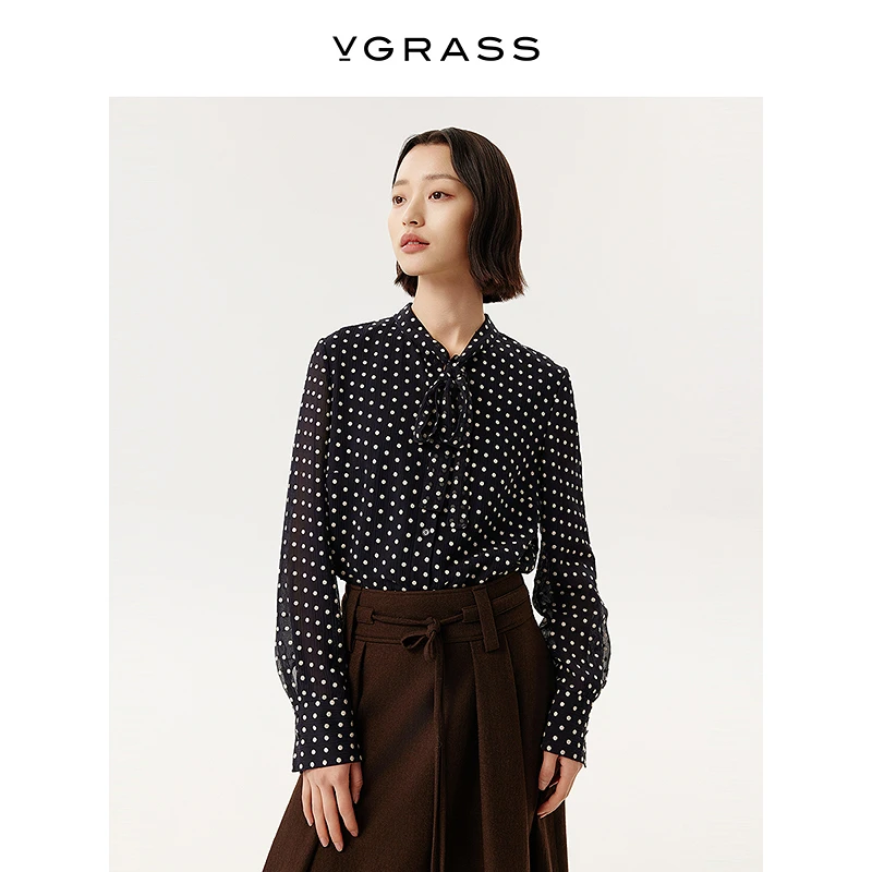 VGRASS真丝波点飘带衬衫25年春季新款宽松H廓形上衣VSC3Q1448D