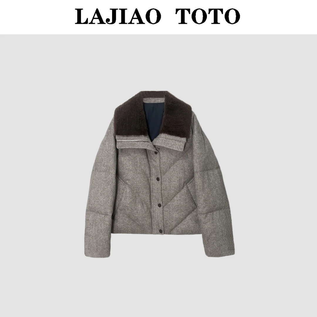 辣椒姐【冰山点雪】桑蚕丝+骆驼绒羊毛毛领女士90鹅绒服外套#8519