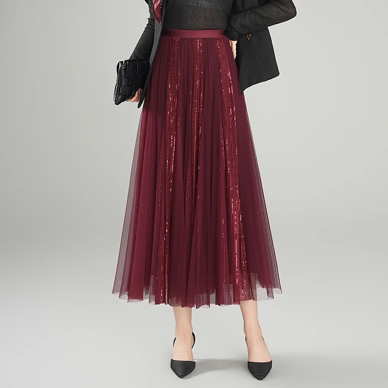 亮片网纱半身裙子2025新款春季长裙及踝百褶裙高腰a字裙大摆裙女