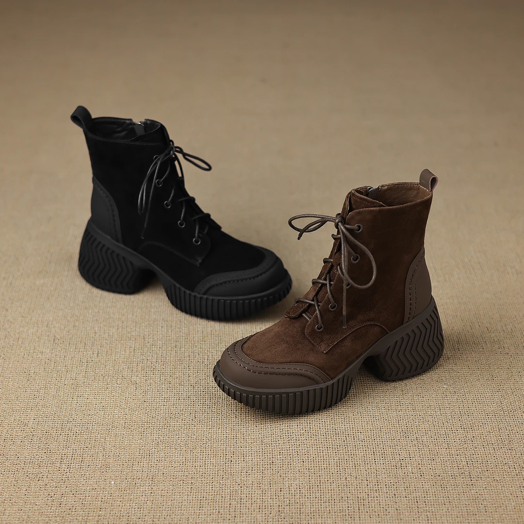手工制作/8cm增高厚底小个子短靴复古圆头侧拉链系带马丁靴女
