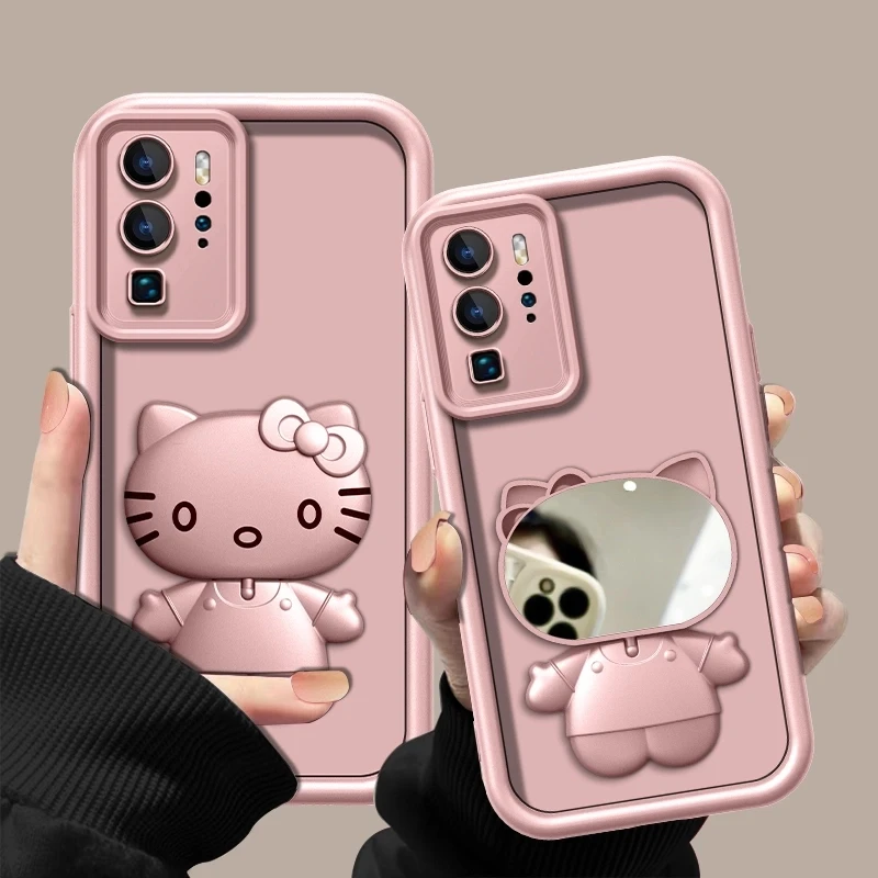 适用于【华为p40pro】金属漆香槟粉高级感猫咪支架手机壳防摔创意女