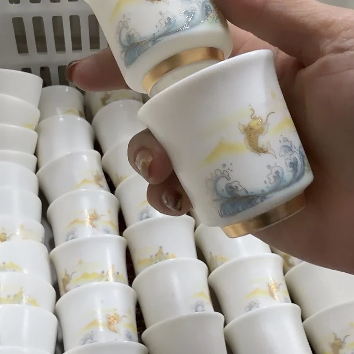 素烧高端羊脂玉系列茶杯如意杯两个鱼跃龙门闻香杯