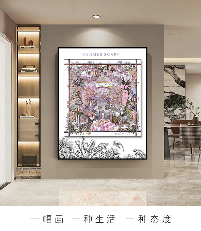 丝绸画高端绸缎底面铝合金双框双层玻璃客厅沙发背景墙花园装饰画
