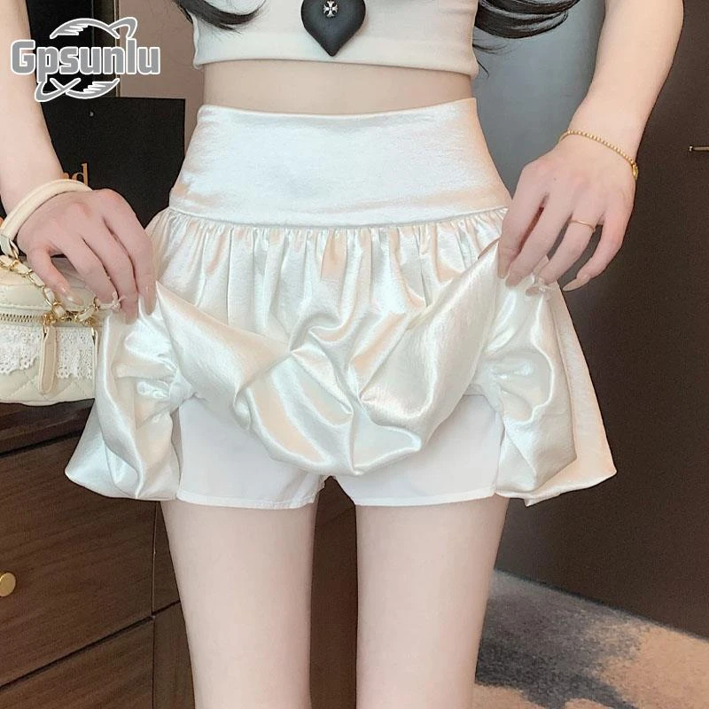 gpsunlu法式花苞裙女夏季新款高腰蓬蓬时尚半身裙休闲灯笼短裙裤