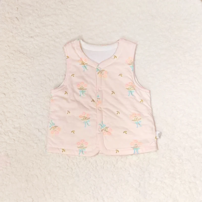 儿童保暖无袖背心女中小童粉绿花薄棉马甲D4711545