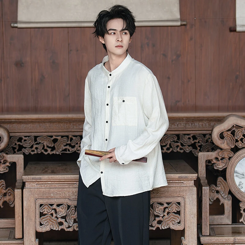 棉麻长袖衬衫男春季中国风纯色百搭宽松大码唐装汉服中式上衣外套