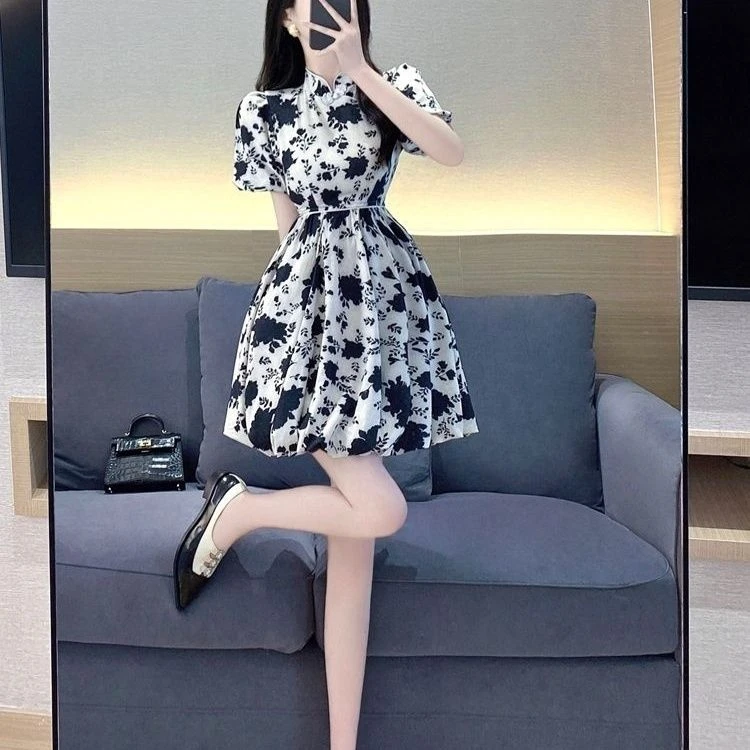 FEISEENIY新中式2025春季天气碎花短款连衣裙清新印花优雅泡泡袖A