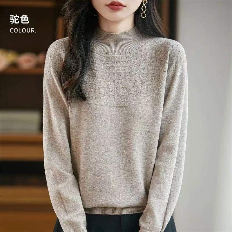 一线成衣钩花镂空半高领毛衣女秋冬新款高级感内搭针织打底衫