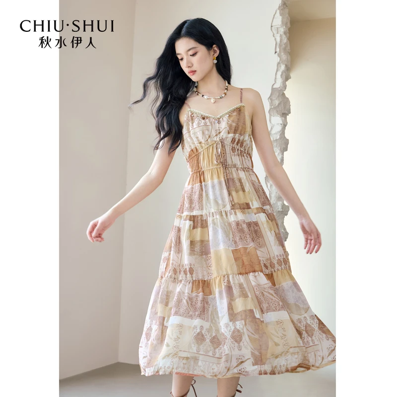 【艾美专属】秋水伊人V领吊带连衣裙2025年夏季新款女中长裙62520