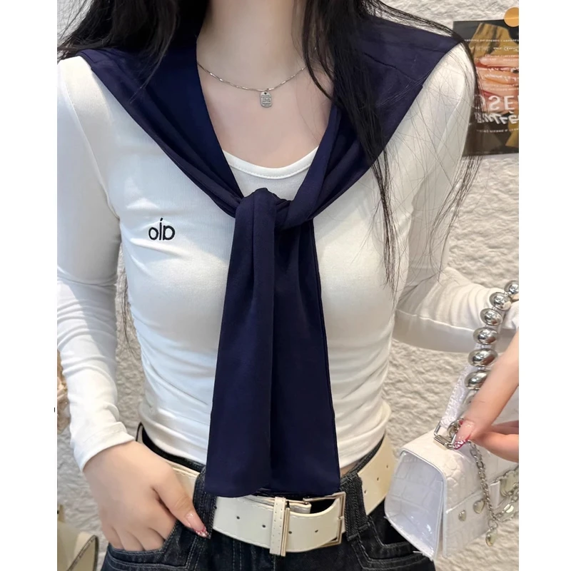 学院风修身T恤女早秋季2025新款披肩别致打底衫内搭白色长袖上衣