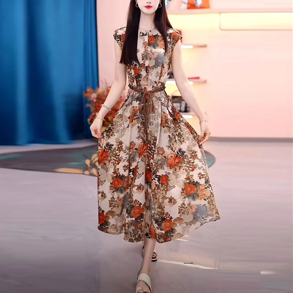 冰竹丝时尚洋气碎花优雅礼服裙2025夏季新款系带收腰显瘦连衣裙女