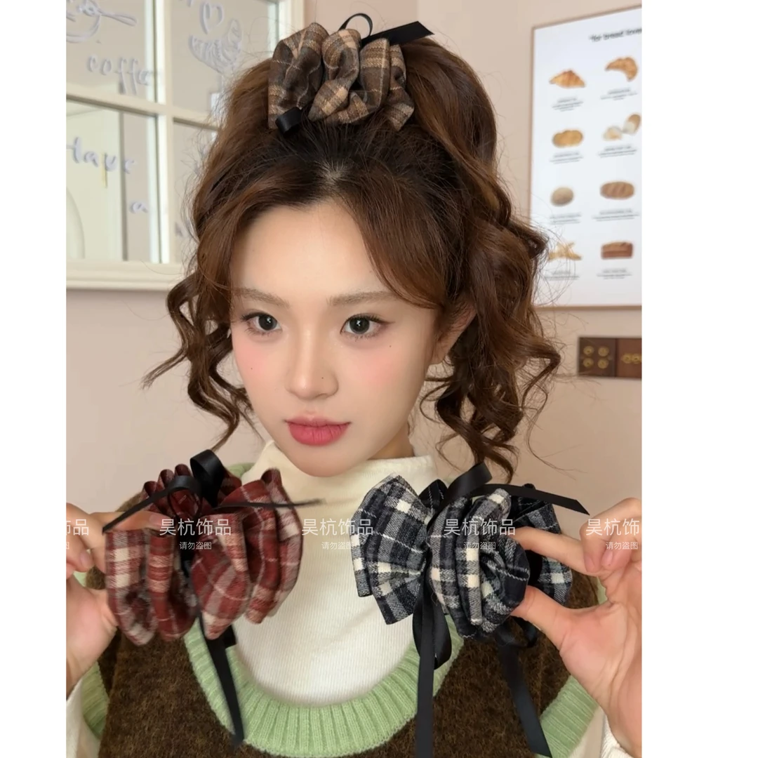 迷失森林～丸子夹！韩系飘带格子蝴蝶结丸子头后盘发夹横夹马尾夹