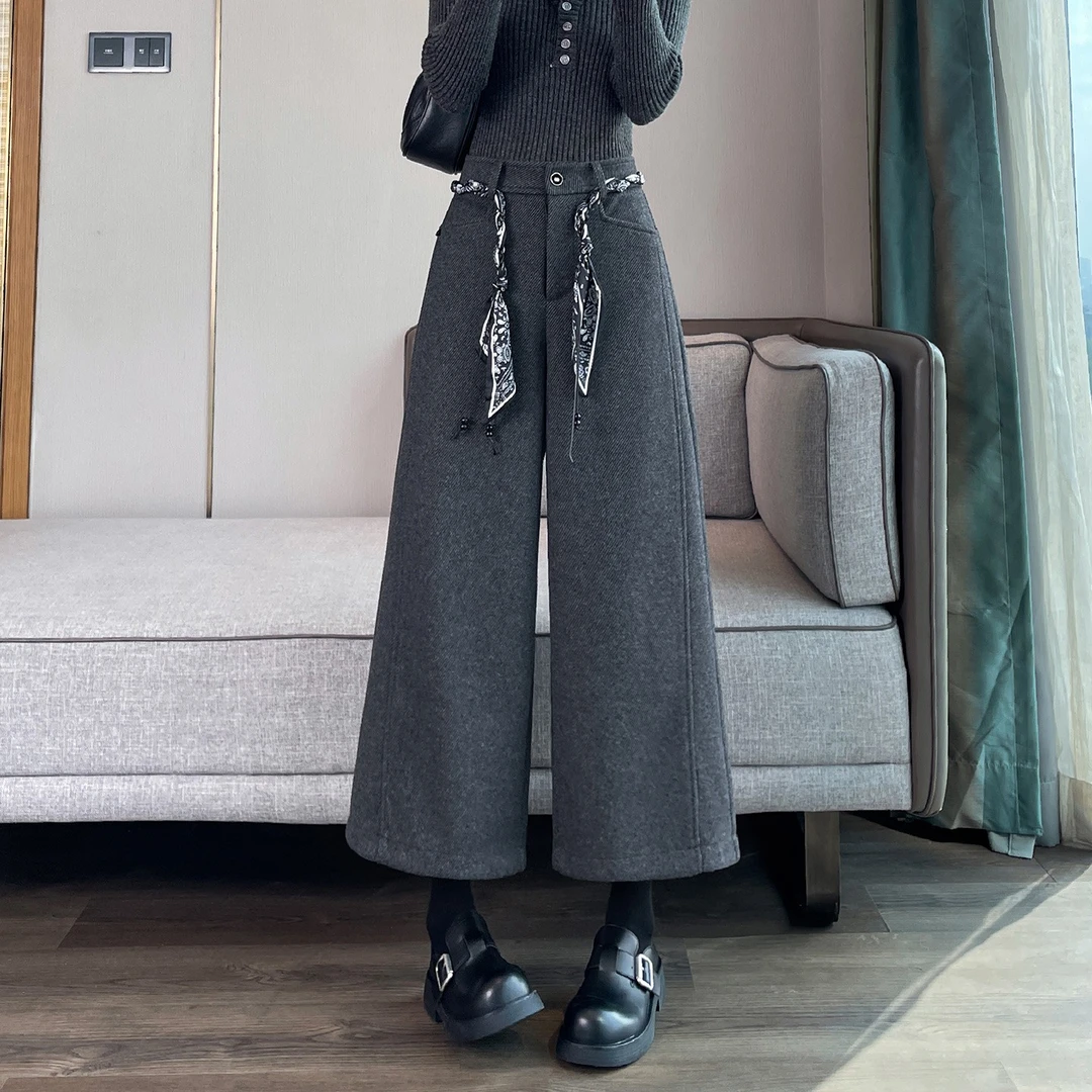 灰色八分毛呢裤女秋冬2025新款高腰显瘦羊绒糯米裤休闲直筒阔腿裤