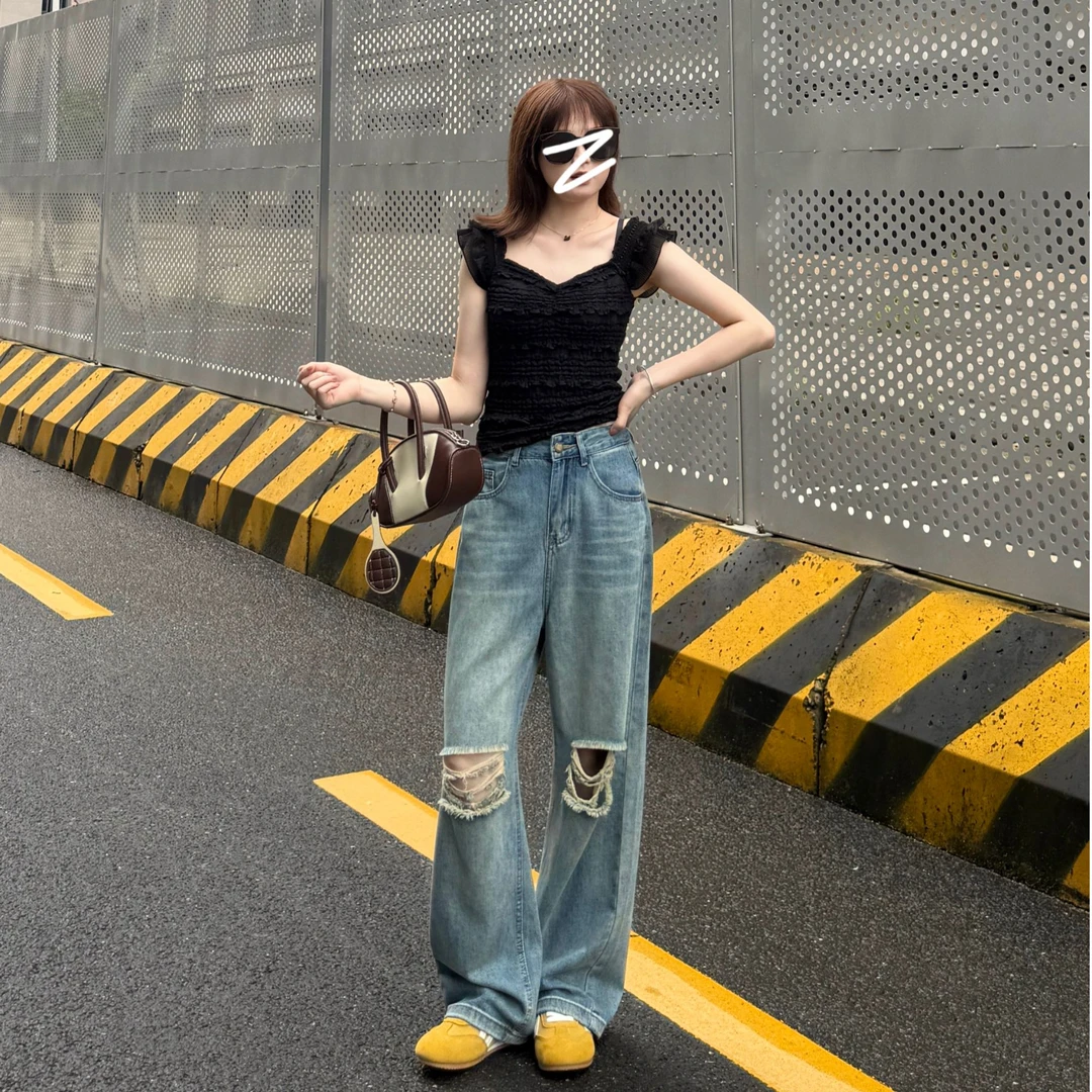 小个子破洞薄款阔腿牛仔裤女2025夏季显瘦时尚休闲百搭垂感直筒裤