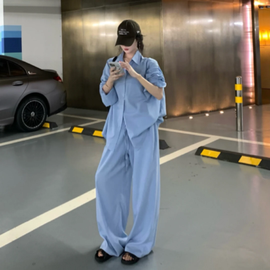 小众春夏松弛感慵懒套装宽松休闲衬衫高腰系带休闲阔腿裤-9592