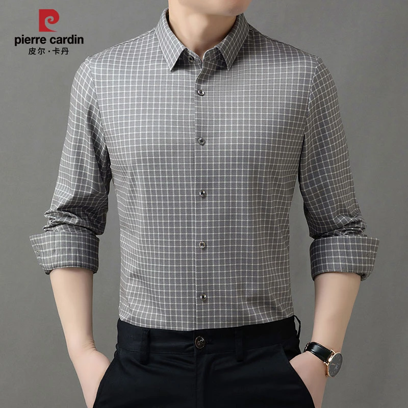 皮尔卡丹春季新款男士格子衬衫商务休闲长袖百搭时尚上衣