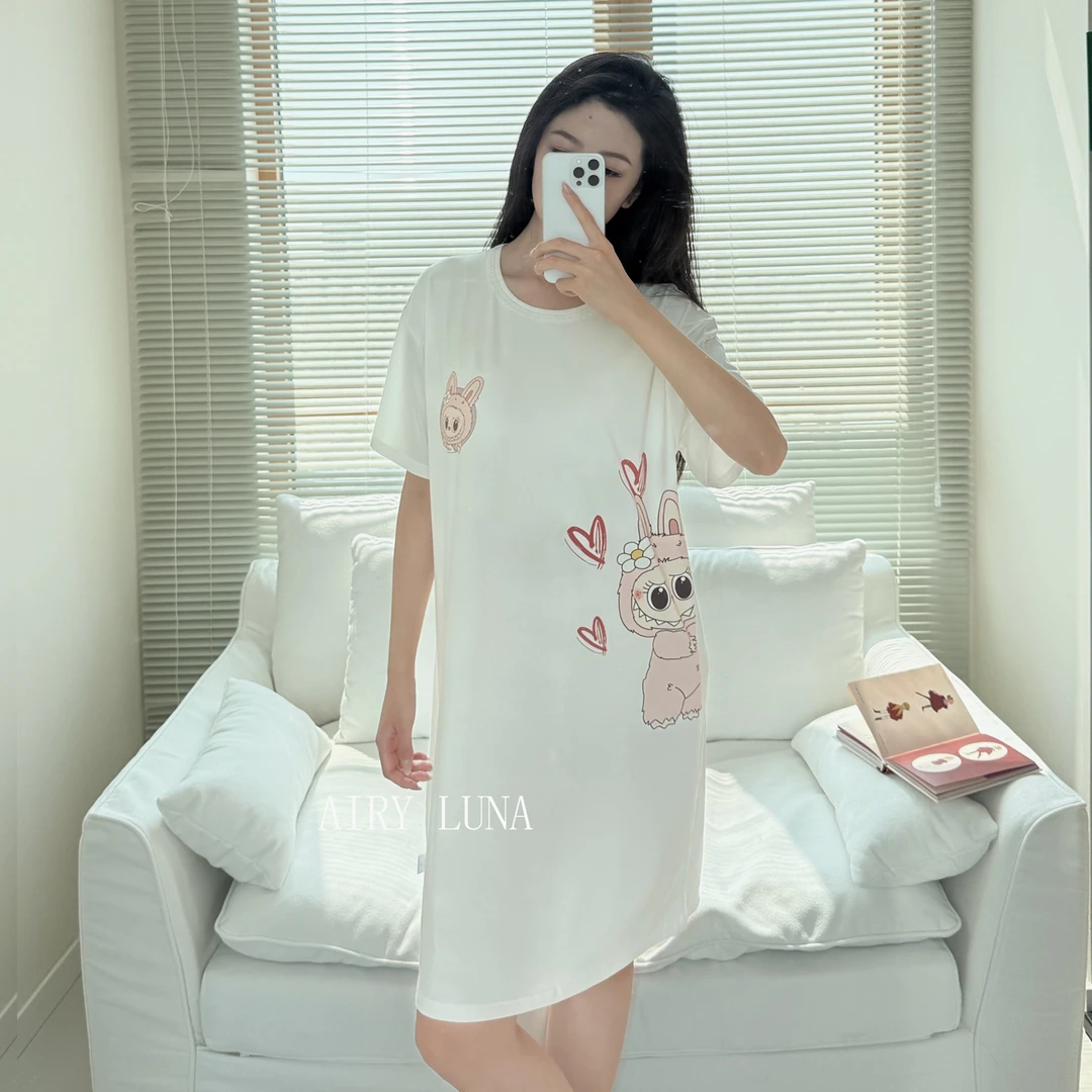 夏季卡通带胸垫兰精莫代尔夏季薄款圆领短袖中长款睡裙睡衣女宽松