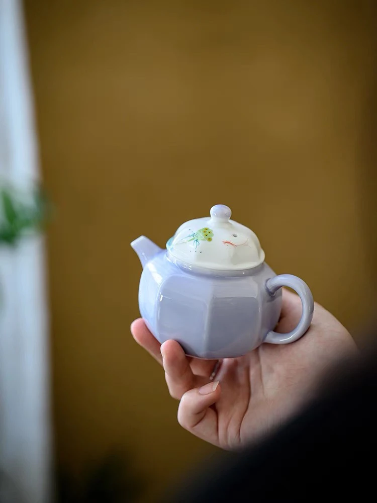釉下彩紫韵手绘荷鱼八方壶迷你壶精致茶壶手绘盖碗手绘个人杯