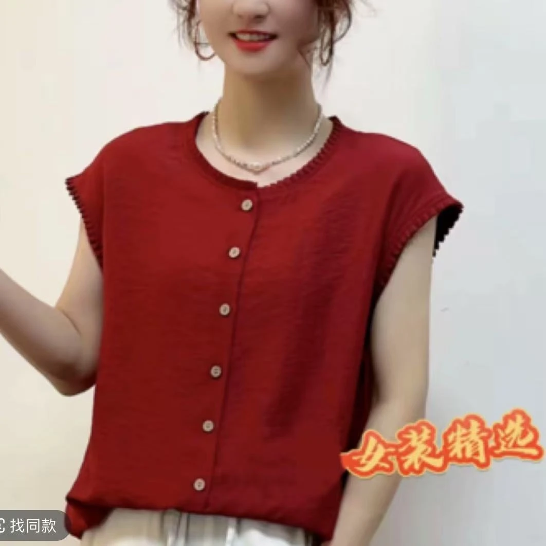 现货+运费补贴夏季新款木耳边休闲洋气纯色衬衫复古百搭无袖  901