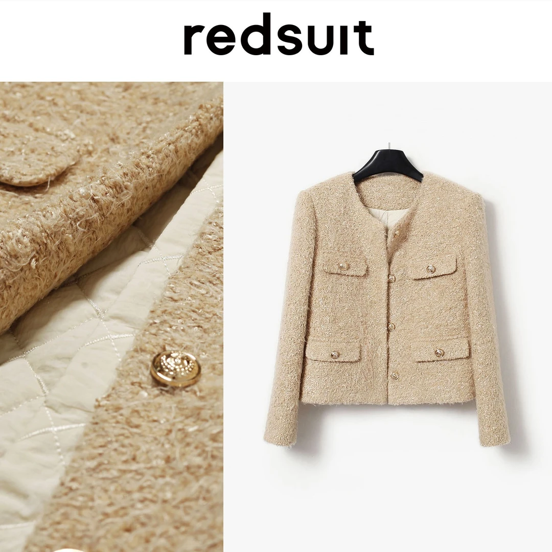 redsuit秋冬加棉高级保暖显瘦 韩版温柔风燕麦卡其花呢小香风外套