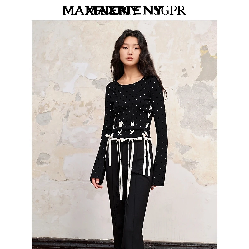 MAXRIENY赫本风秋冬波点气质修身上衣显瘦长袖高贵黑色收腰圆领