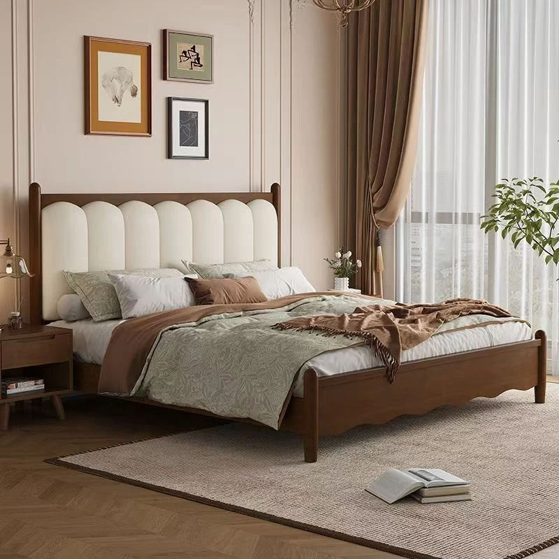 法式复古床中古风简约实木床胡桃色主卧婚床双人床现代北欧主卧室