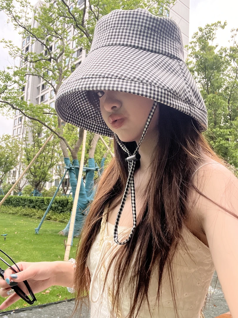 （十十鸭）露丝博主同款 格纹 大帽檐遮阳防晒日系韩系素颜渔夫帽