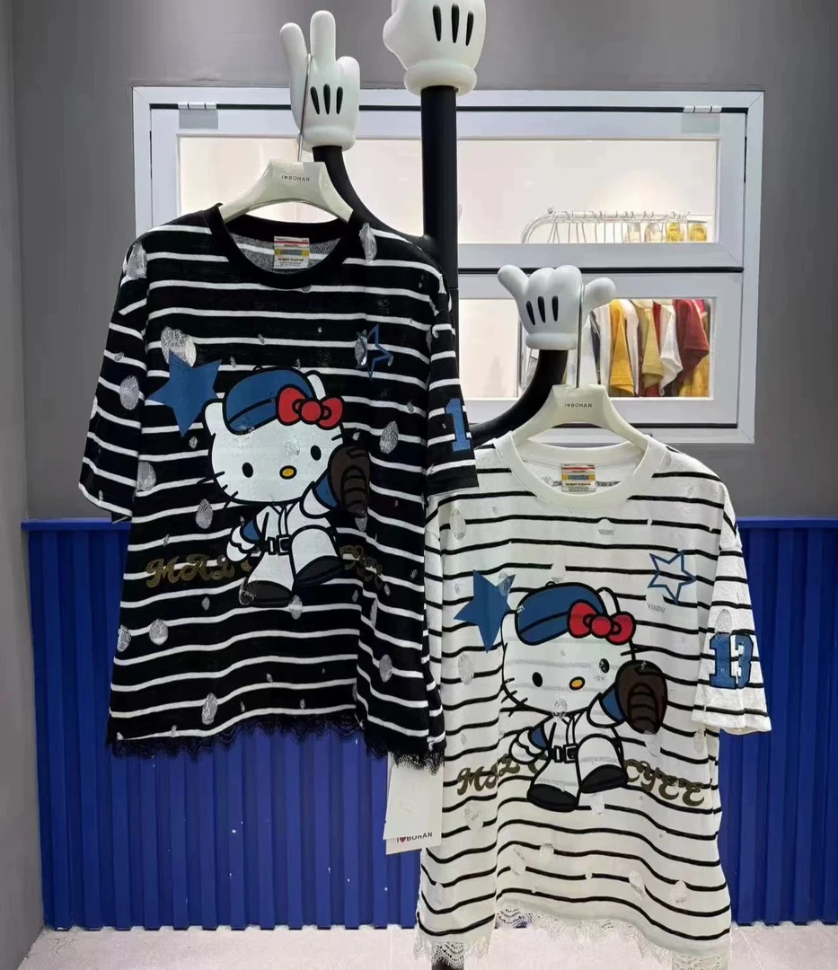欧洲站BOHAN秀秀2025夏新品猫咪图条纹大版半袖T恤潮牌上衣欧货女