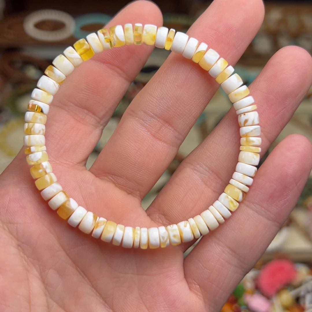 蜜蜡未镶嵌裸石金瓷白妖花溶洞拉丝药片手串