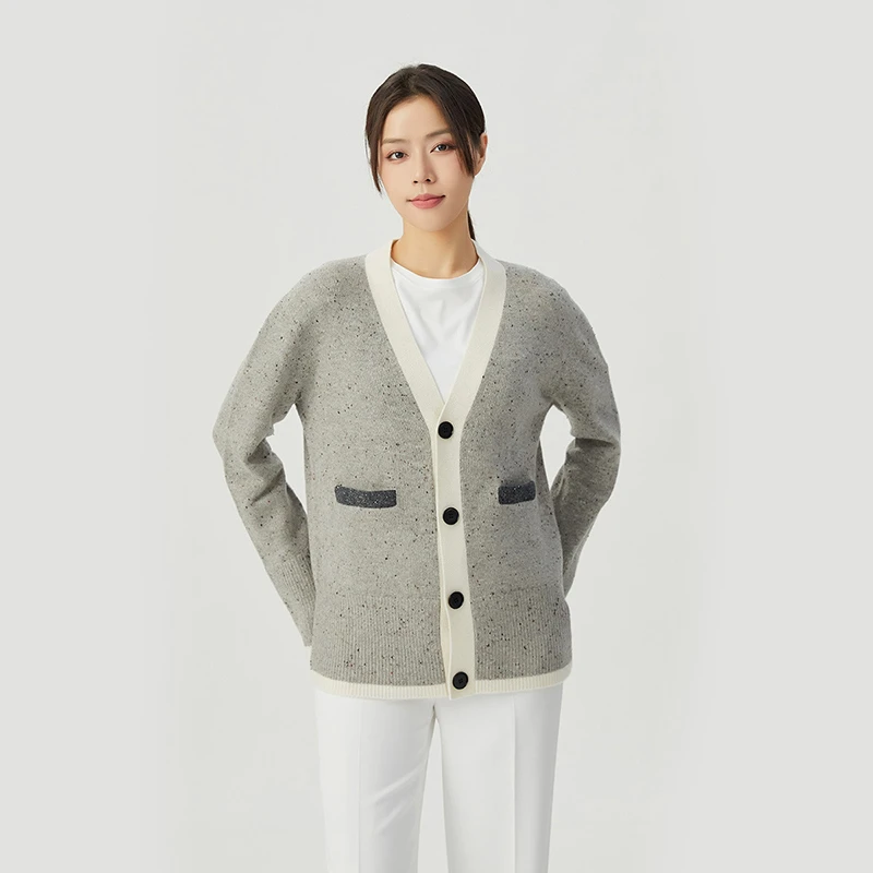 阿玛施AMASS山羊绒拼接设计中长款廓形长袖V领针织开衫女5499238