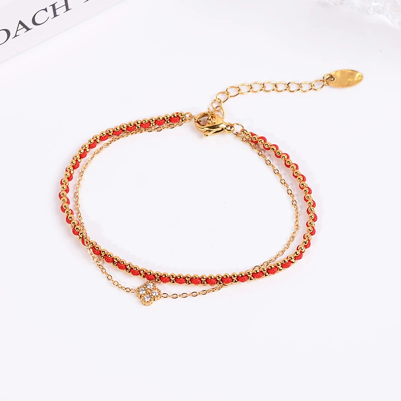 钛钢手链 编织红绳双层花朵手链女高级轻奢气质手绳不褪色饰品