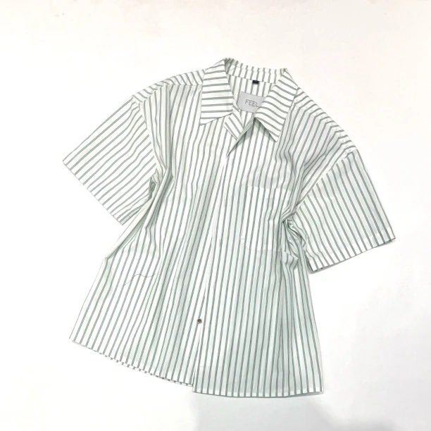 FEEL HOMME 25夏季男士短袖古巴领领条纹衬衫宽松休闲