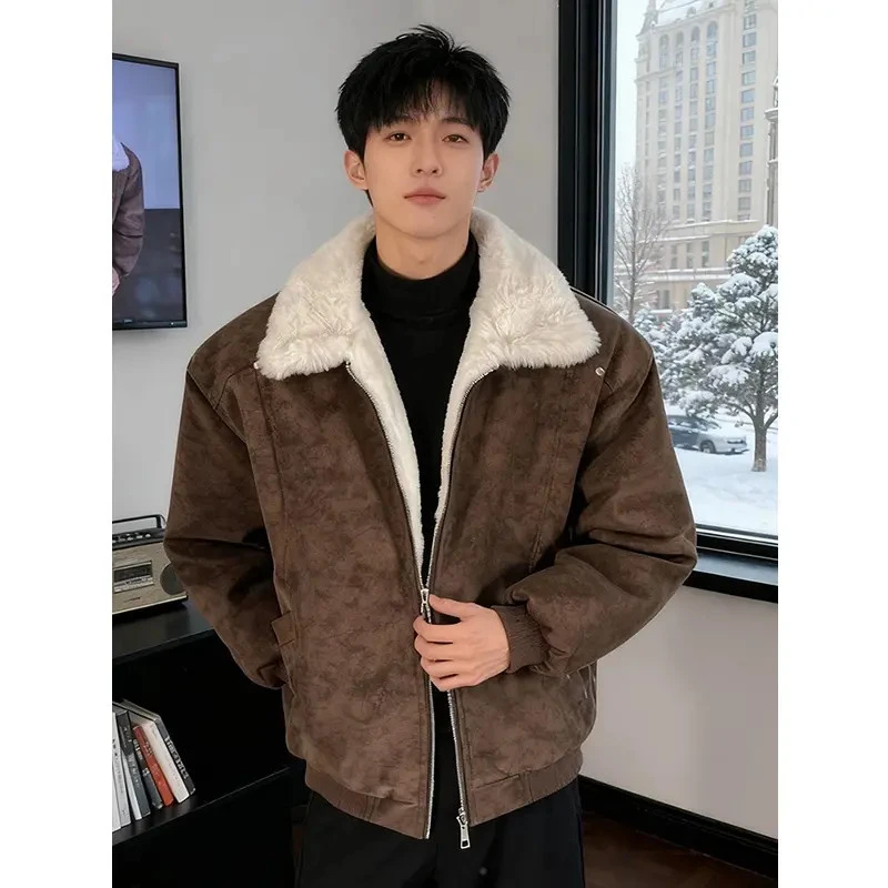 美式座山雕加绒棉衣外套男冬季美拉德巴恩风pu皮棉服百搭情侣棉袄