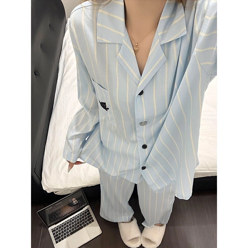 韩系甜美条纹长袖睡衣女春秋季新款休闲开衫家居服可外穿宽松套装