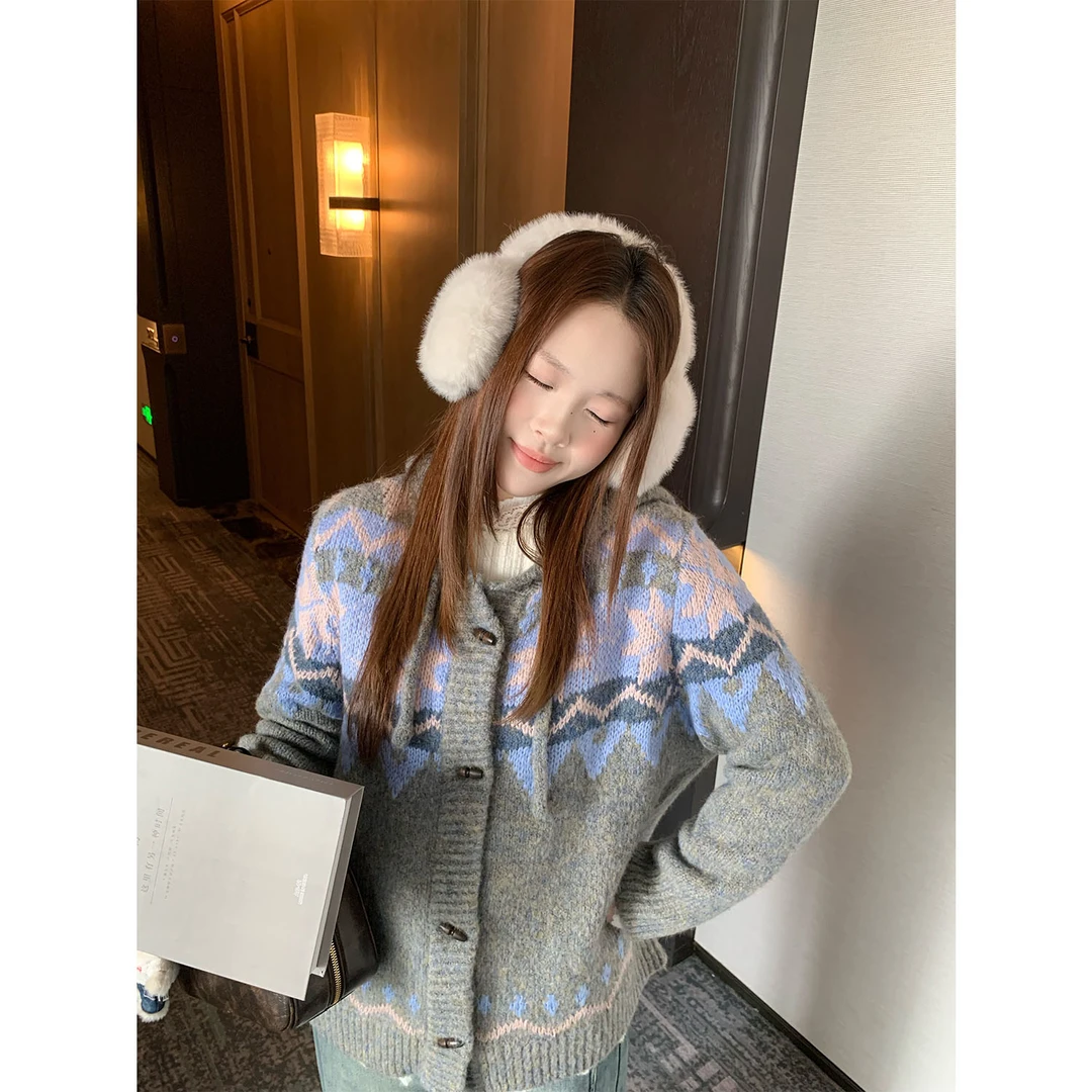 现货大婉酱千千微胖定制 费尔岛提花连帽针织衫秋冬厚开衫1303X