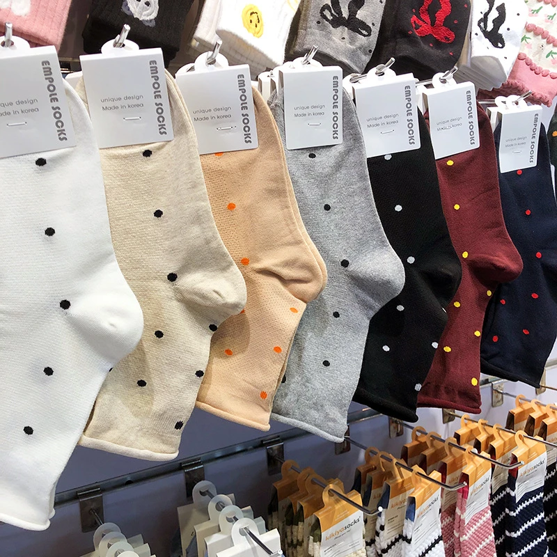 EMPOLE秋冬新款韩国袜子文艺风小波点女生中筒袜松口小卷边长棉袜