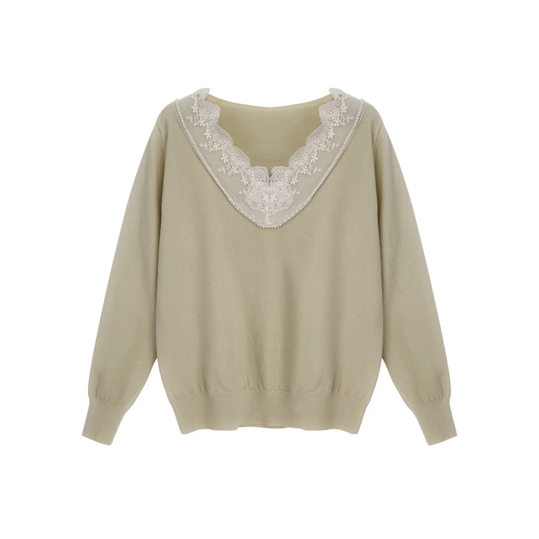 秋冬新款超好看蕾丝V领针织毛衣女内搭漂亮气质长袖打底衫上衣