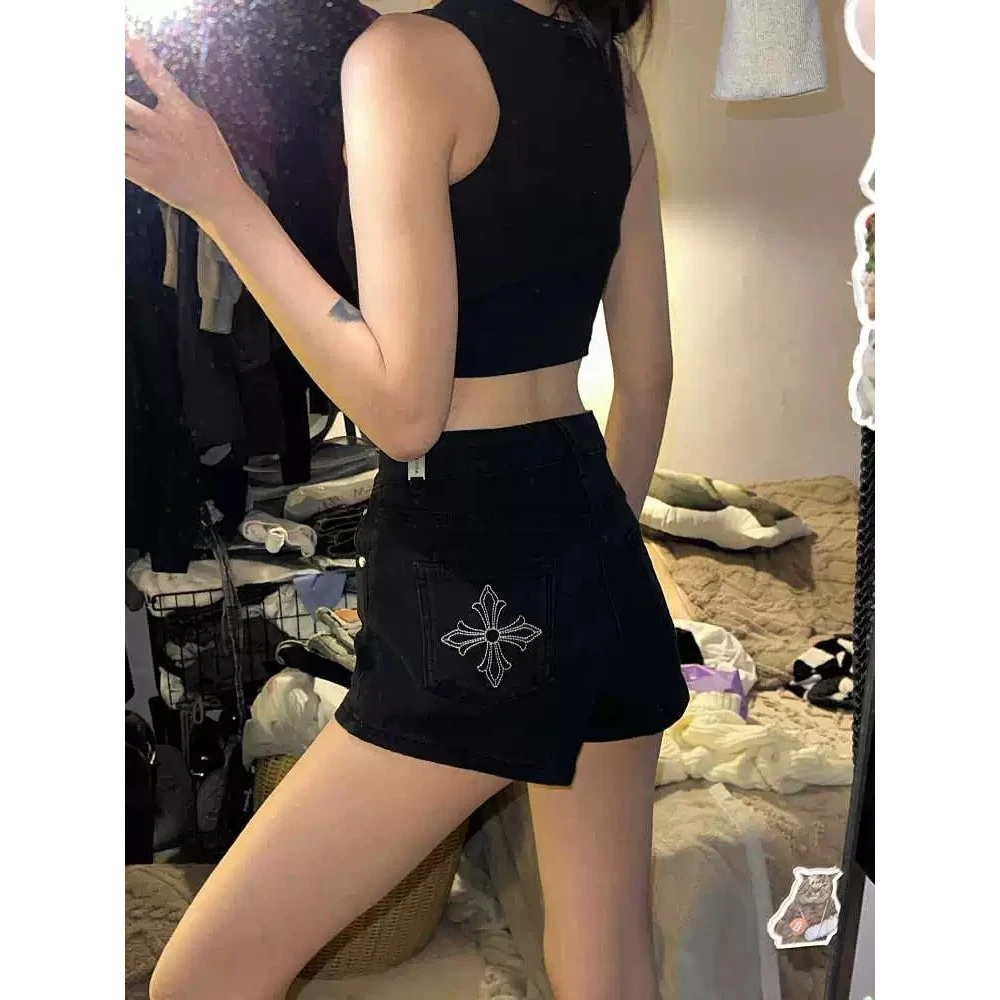 浠儿姐姐！辣妹千禧风热裤女复古高腰高弹修身显瘦刺绣a字牛仔短裤