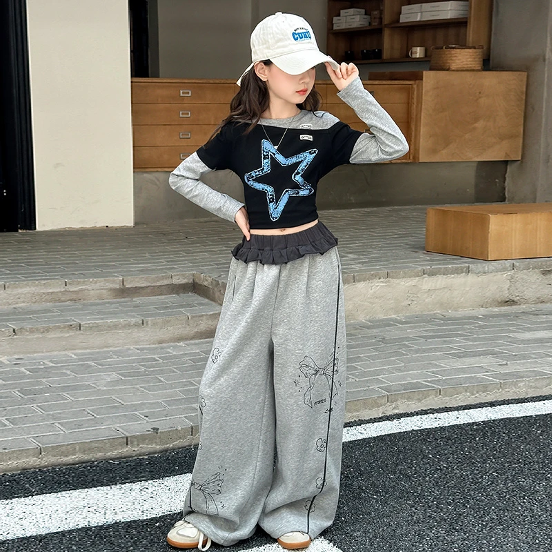 女童秋装休闲套装2025新款韩版洋气女孩春秋长袖t恤阔腿裤两件套